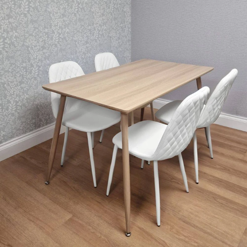 Image of KOSY KOALA Wood Dining Table Set with 4 White Faux Leather Chairs Size: 120cm x 70cm White Unisex 120cm x 70 cm