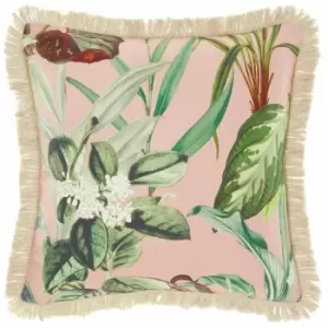 image of Linen House - Wonderplant Botanical Print 100% Cotton Fringed Cushion Cover, Multi, 48 x 48 Cm