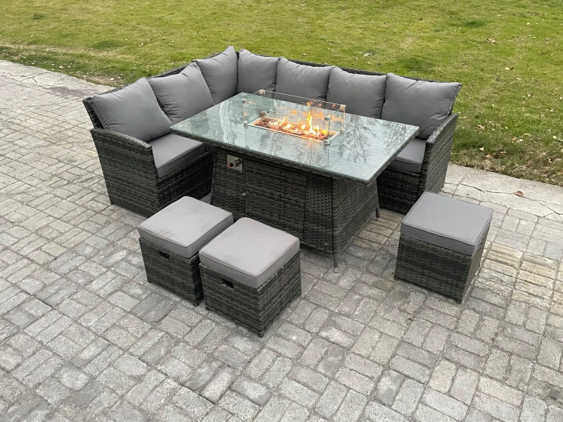Image of Fimous Rattan Garden Furniture High Back Corner Sofa Gas Fire Pit Dining Table Sets Gas Heater with 3 Small Footstools 9 Seater Dark Grey