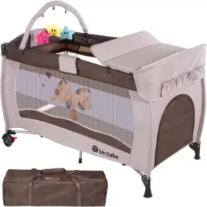 image of Tectake - Travel cot Dog 132x75x104cm with changing mat, play bar & carry bag - cot bed, baby travel cot, pop up travel cot - brown