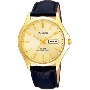 Pulsar PXF296X1 Mens Gold Plated Champagne Dial Classic Leather Strap Watch