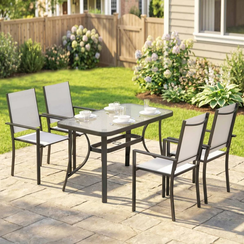 Image of OUTSUNNY Garden Dining Set with Umbrella Hole, Stackable Chairs, Light Grey Size: 120 Light Grey Unisex 120