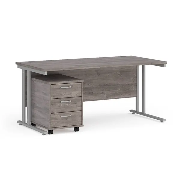 image of Maestro 25 Straight Desk Silver Frame Grey Oak Table Top and 3 Drawer Pedestal - 1600mm