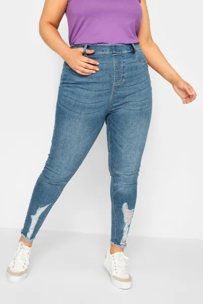 Image of Yours Distressed Hem Grace Jegging Mid Blue, Size 20, Women