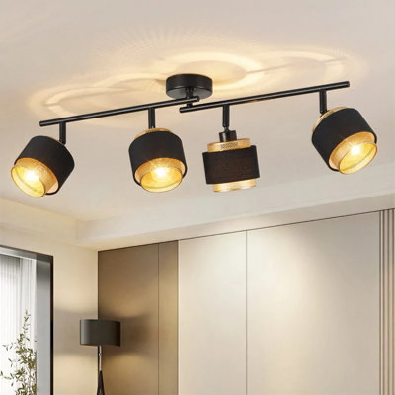 Image of Harper Living 4 Way Ceiling Spotlights, Black & Gold, 4Xe14 40W Max, Rotation Heads, Metal Mesh & Fabric Shade