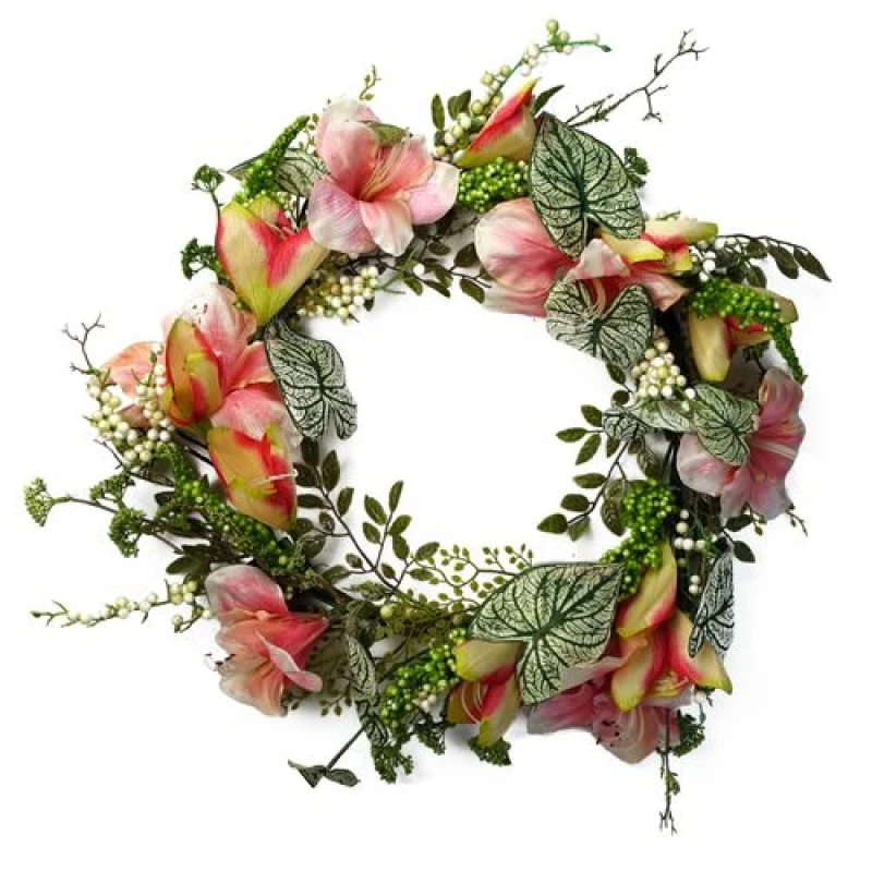 Image of Leaf 60cm Artificial Pink Lily Wreath
