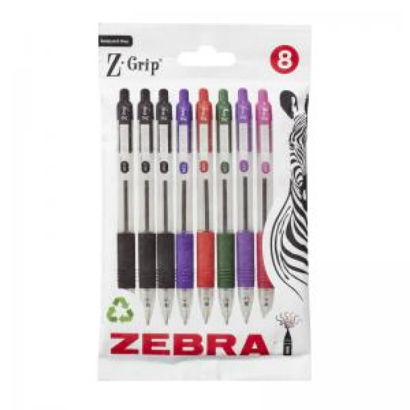 Image of Zebra Z-Grip Retractable Ballpoint Pen 1mm Tip Assorted Ink Pack 8 - EXR46213ZB