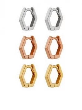 image of Accessorize Z 3x Mixed Plate Hexagon Huggie Hoops - Metallic, Women