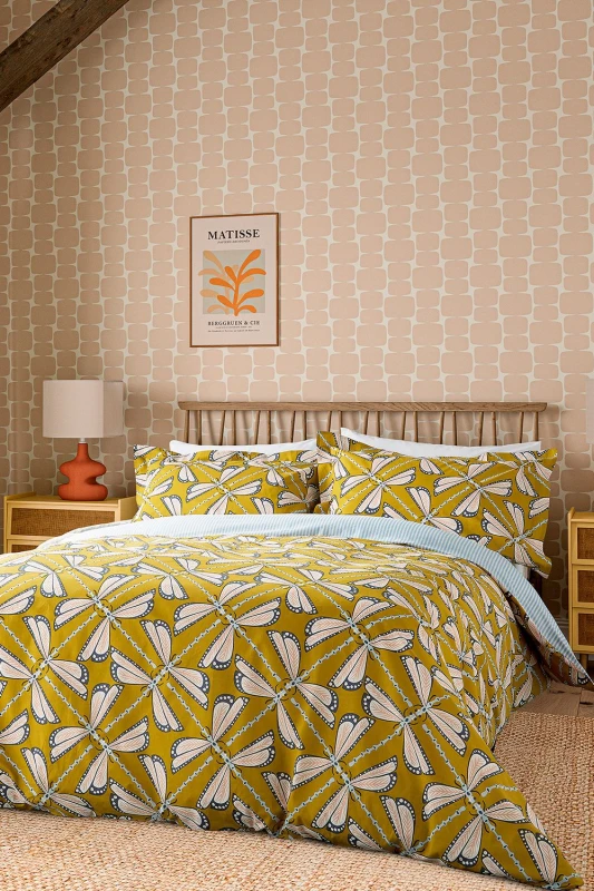 Image of Scion 'Moon Flights' Cotton Duvet Cover Set in Mustard Size: Super King Mustard Unisex Super King