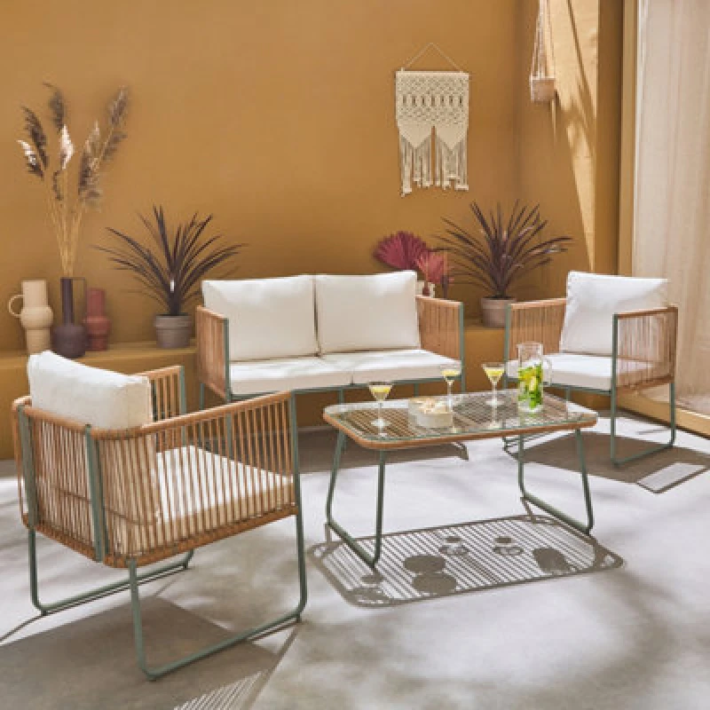 Image of Sweeek - 4-Seater Garden Sofa Set With Plastic Ropes In Galvanised Steel Cesena Khaki Green 115X60X68 Cm