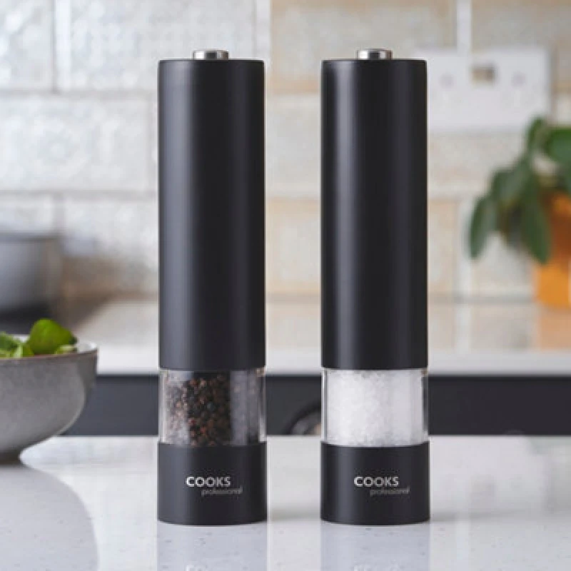 Image of Cooks Professional Electric Salt and Pepper Mill Set Stainless Steel Battery Black
