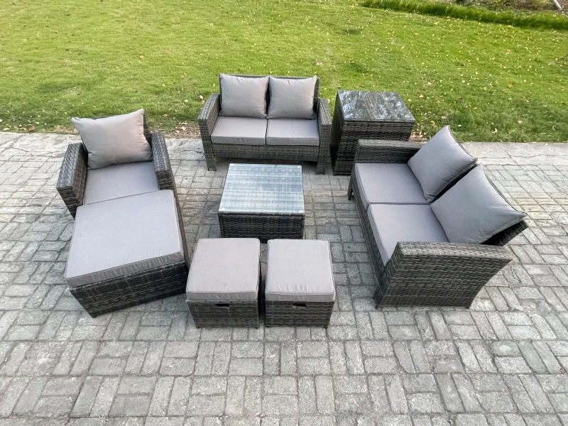 Image of Fimous 8 Seater Outdoor Rattan Garden Furniture Set Conservatory Patio Sofa Coffee Table Set with Chair Side Table 3 Footstools in Dark Grey Dark Grey