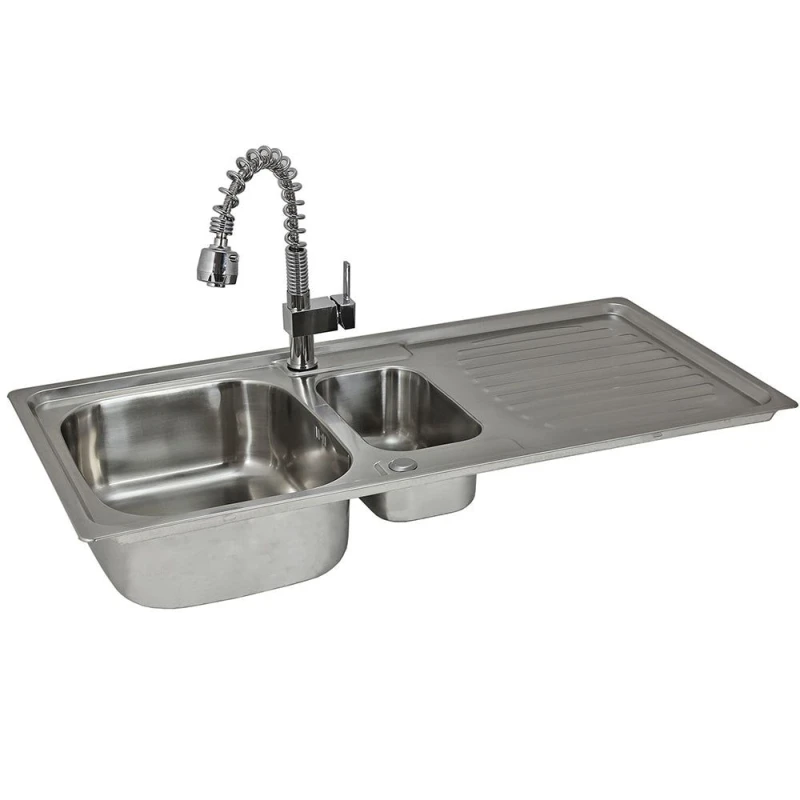 Image of Reversible Kitchen Sink Stainless Steel 1.5 Bowl Pull Out Mixer Tap & Waste Kit