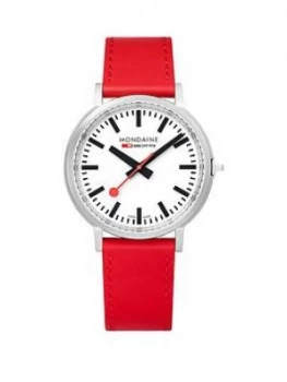 Image of Mondaine Mondaine Swiss Made Stop2Go White Sapphire Dial With Backlight And Stainless Steel Brushed 41Mm Case Dial Red Leather Strap Watch