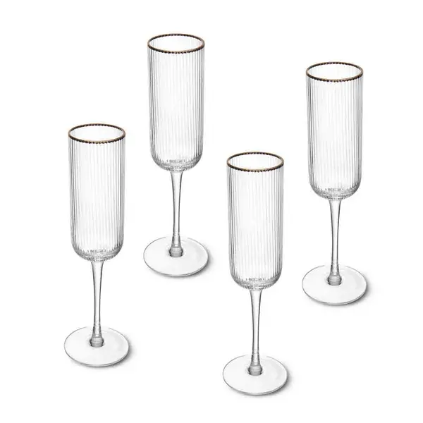 image of Mikasa Sorrento Ridged Crystal Champagne Flute Glasses&#44; Set Of 4&#44; 200Ml