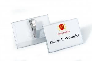Image of Durable Crocodile Clip Fastener Name Badge 55x90mm Pack of 25 8111