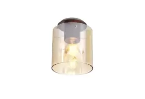 image of Round Ceiling Flush, 1 Light Flush Fitting E27, Mocha, Amber Glass