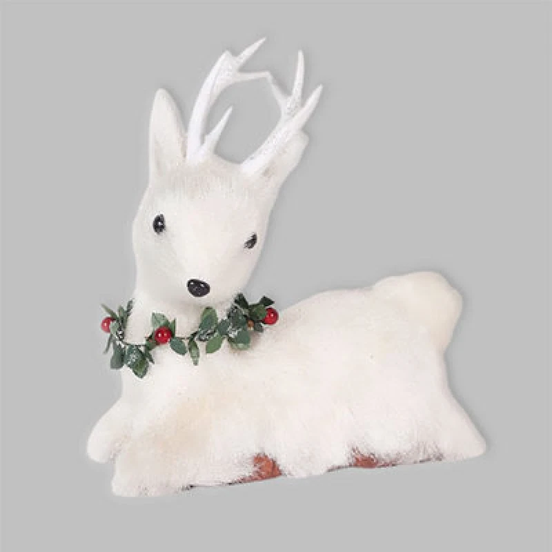 Image of Shatchi 25cm Christmas Tabletop Decorated with Pines Berries Showpieces decoration, White Lying Deer White