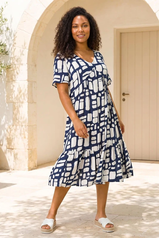 Image of Roman Womens Curve Print Tiered V-Neck Dress in Navy Size: 18 Navy Female 18