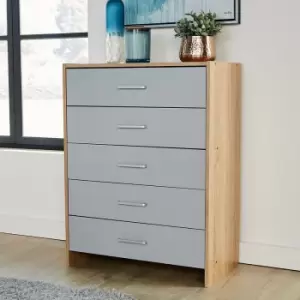 Image of Stratford - Grey Oak Chest of 5 Drawers Bedroom Furniture With Metal Runners - Grey