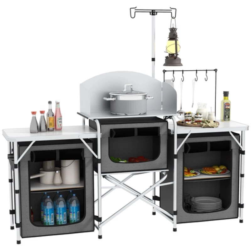 Image of Outsunny Outsunny Portable Folding Camping Kitchen with Windshield Light Stand Carry Bag