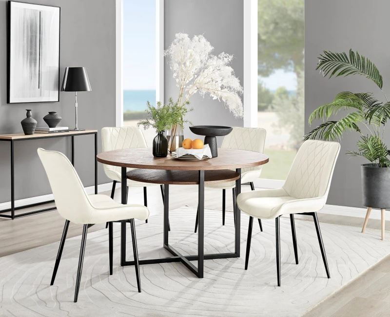 Image of FurnitureboxUK FurnitureboxUK Adley Brown Wood Storage Dining Table & 4 Pesaro Black Leg Chairs in Cream Cream One Size Unisex 5056657127442