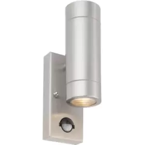 Image of Automatic Up & Down IP44 Wall Light with PIR - 2 x 7W GU10 LED - Brushed Steel