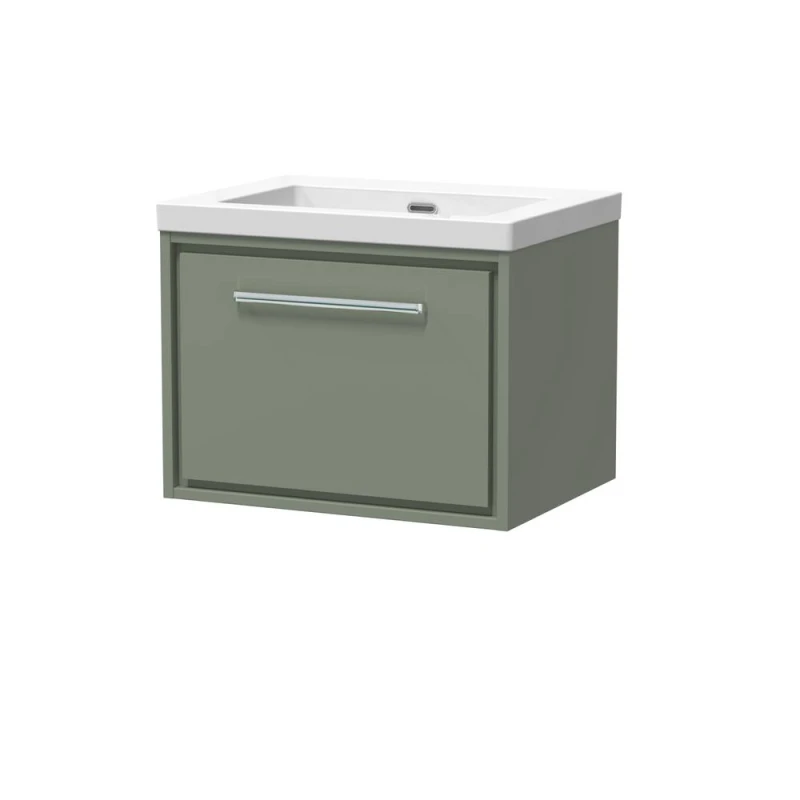 Image of Balterley Modern Bathroom 1 Soft-Close Drawer Wall Hung Vanity Unit Fireclay Basin, Fern Green, 600mm