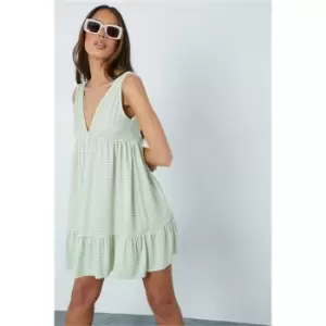 Image of I Saw It First Sage Gingham Printed V Neck Frill Hem Smock Dress - Green