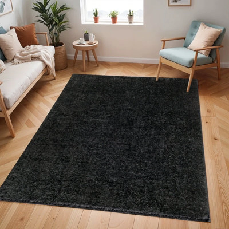 Image of Livabliss Shaggy Solid Color Plush Pile Black Claire Area Rug 160 X 213cm - Easy Care, Non Shedding, Ideal For Living Room & Bedroom
