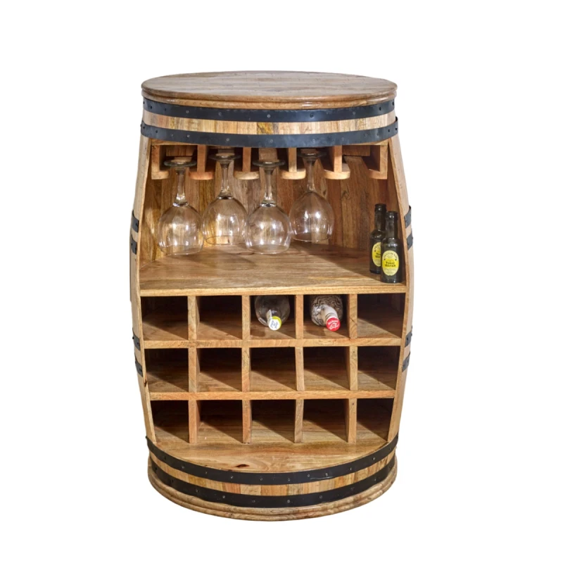 Image of Indian Hub Surrey Solid Dark Wood Barrel Wine Sideboard