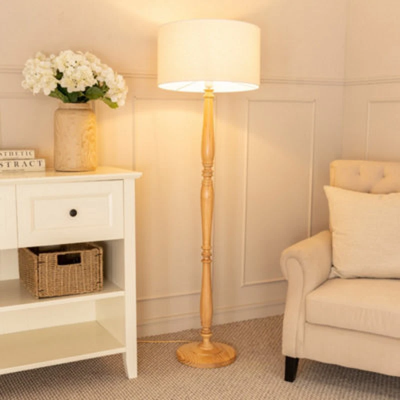 Image of ValueLights Victoria Light Wood Candlestick Floor Lamp with Linen White Trim Shade & Bulb Natural