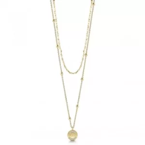 Image of GUESS gold plated 16-20" double necklace with bead details and logo coin pendant with Swarovski crystals.