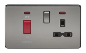 Image of KnightsBridge 45A 2G DP 230V Screwless Black Nickel Electric Switch With Neon and Socket - Black Insert
