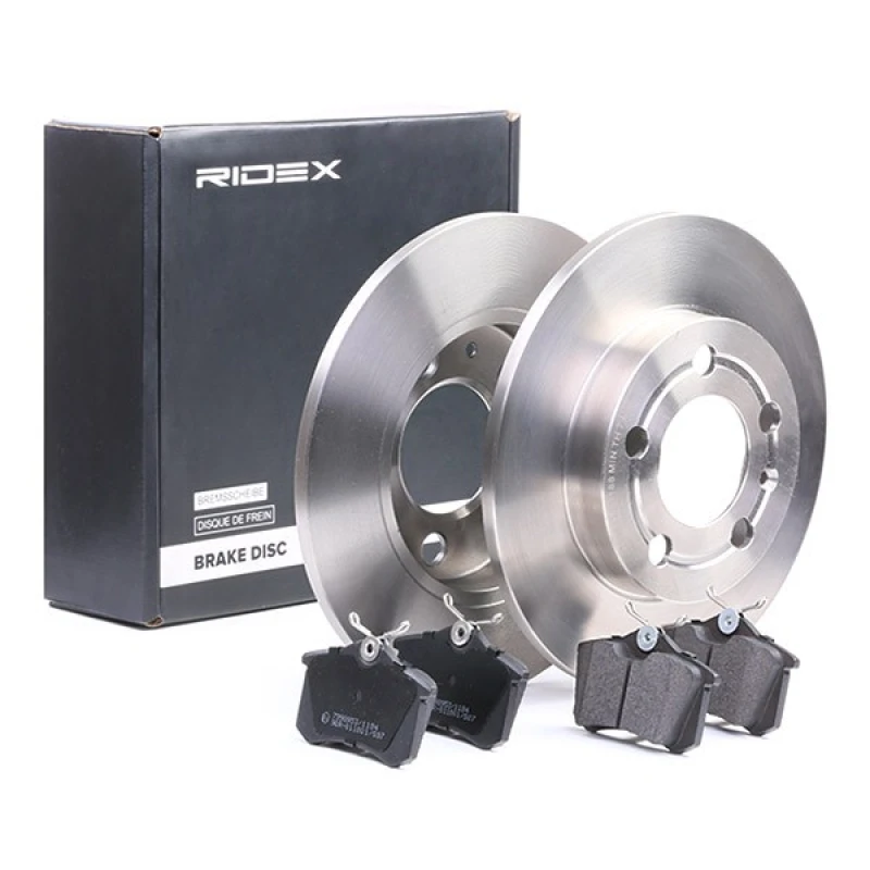 Image of RIDEX 3405B0288 Brake disc and pads set Rear Axle, Brake Disc Type: Solid, excl. wear warning contact Brake Set,disc brakes (3405)