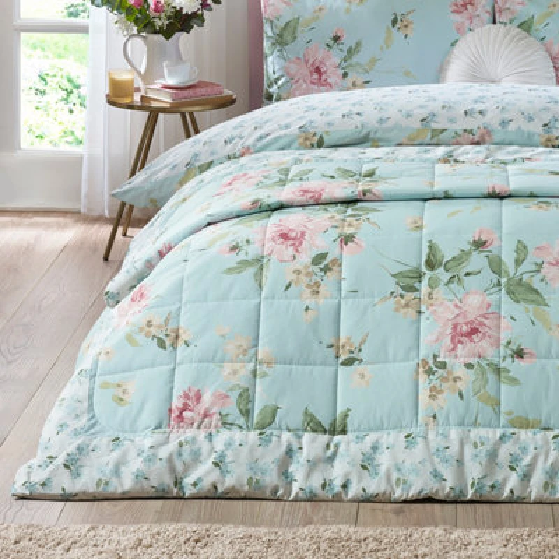 Image of Catherine Lansfield Avebury Floral 220cm x 230cm Reversible Bedspread Duck Egg