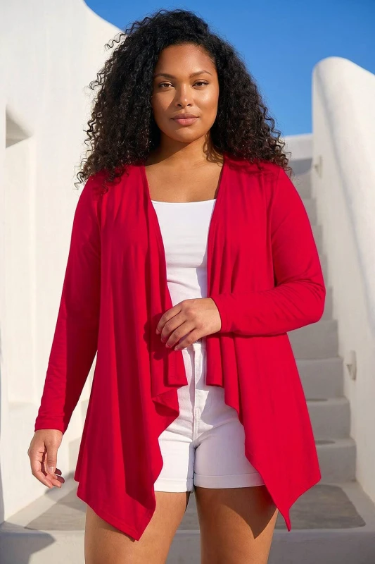 Image of Roman Womens Curve Waterfall Front Jersey Cardigan in Red Size: 18 Red Female 18