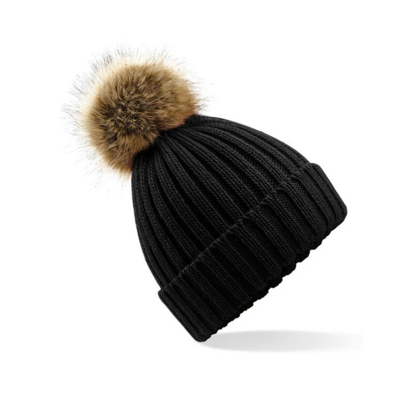 Image of Beechfield Beechfield Men Pom Pom Faux Fur Chunky Knit Beanie in Black One Size Male 5063425299799