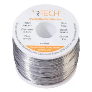 image of R-TECH 857028 SAC305 Solder 2% L0 Flux Halide-Free 0.5mm 500g Reel