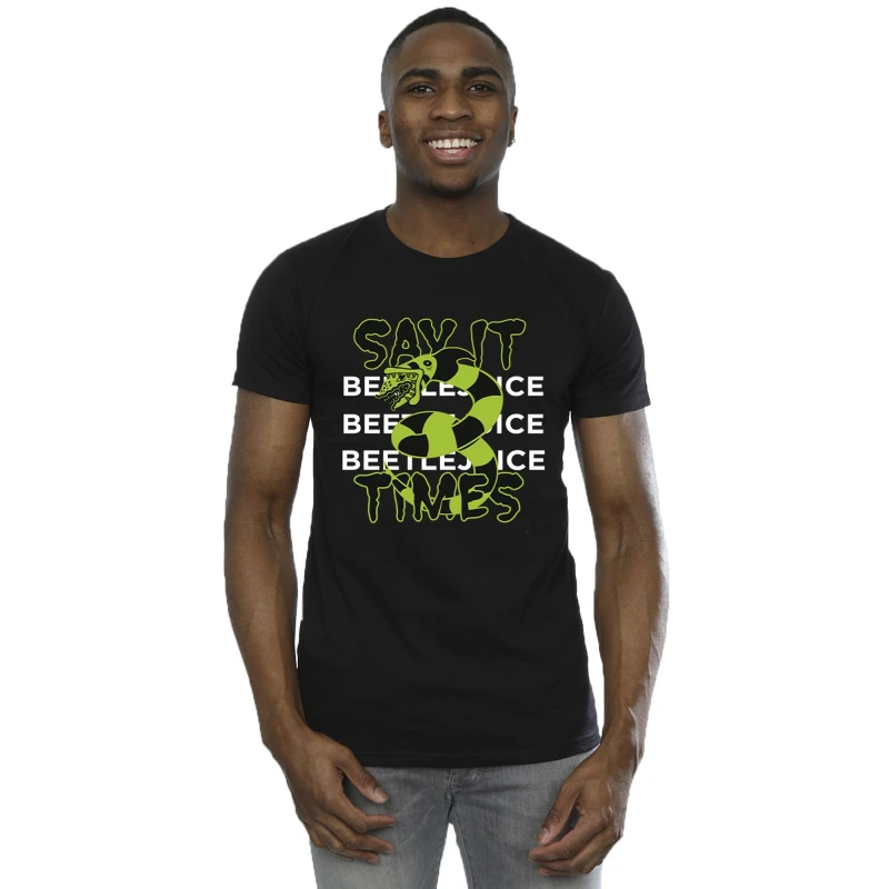 Image of Beetlejuice Beetlejuice Men Say It 3 Times Cotton T-Shirt in Black Size: Small Black S Male 5063376711852
