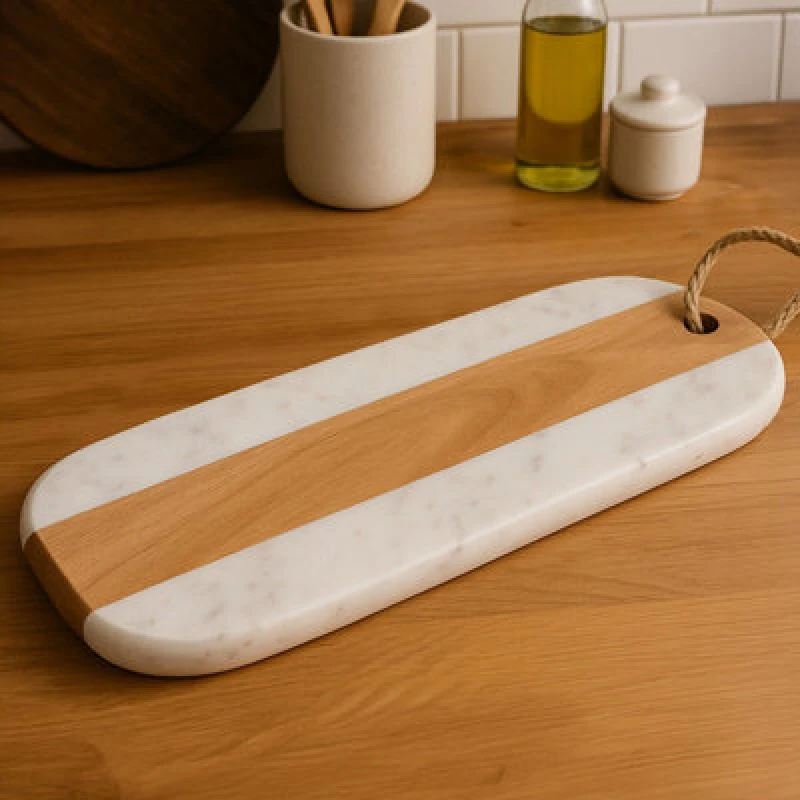 Image of Orsina Monzaro Oblong White Marble And Acacia Wood Board