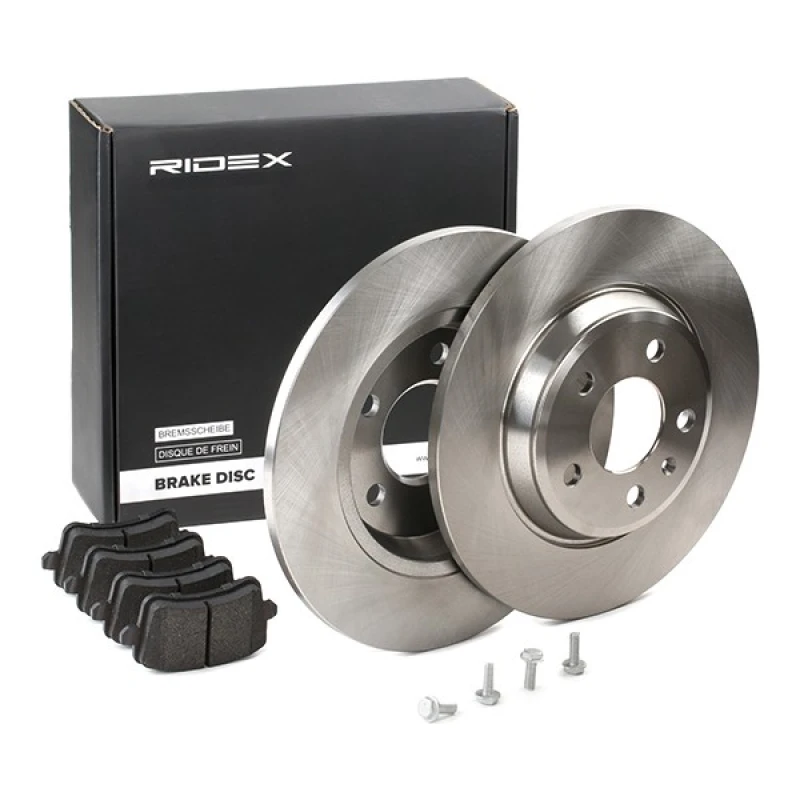 Image of RIDEX 3405B0397 Brake disc and pads set with accessories, Rear Axle, Brake Disc Type: Solid, with brake caliper screws Brake Set,disc brakes (3405)