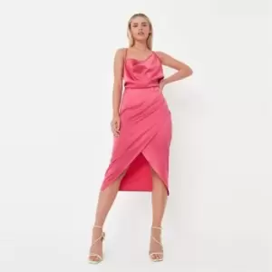 image of Missguided Petite Satin Asym Wrap Dress - Red