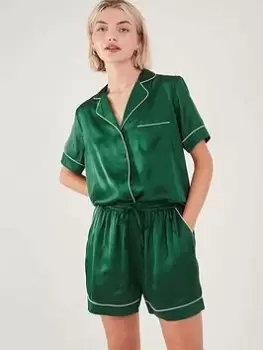 Image of Accessorize Satin Button Down Short Set, Green, Size L, Women