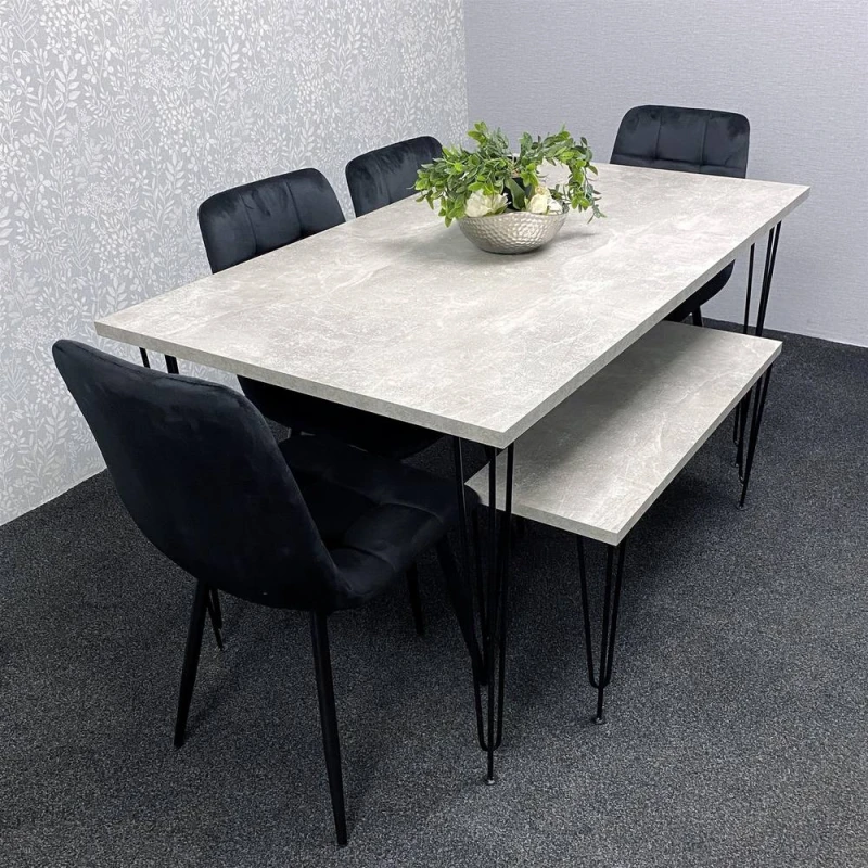 Image of KOSY KOALA Dining Table With 4 Chairs Modern Dining Table Set With 4 Black Chairs & 1 Bench Dining Room Furniture in Grey Grey Unisex