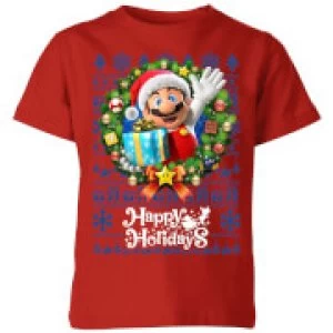 Image of Nintendo Super Mario Happy Holidays Mario Kid's Christmas T-Shirt - Red - 11-12 Years