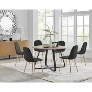 Image of Furniture Box Santorini Brown Round Dining Table and 6 Black Corona Gold Leg Chairs