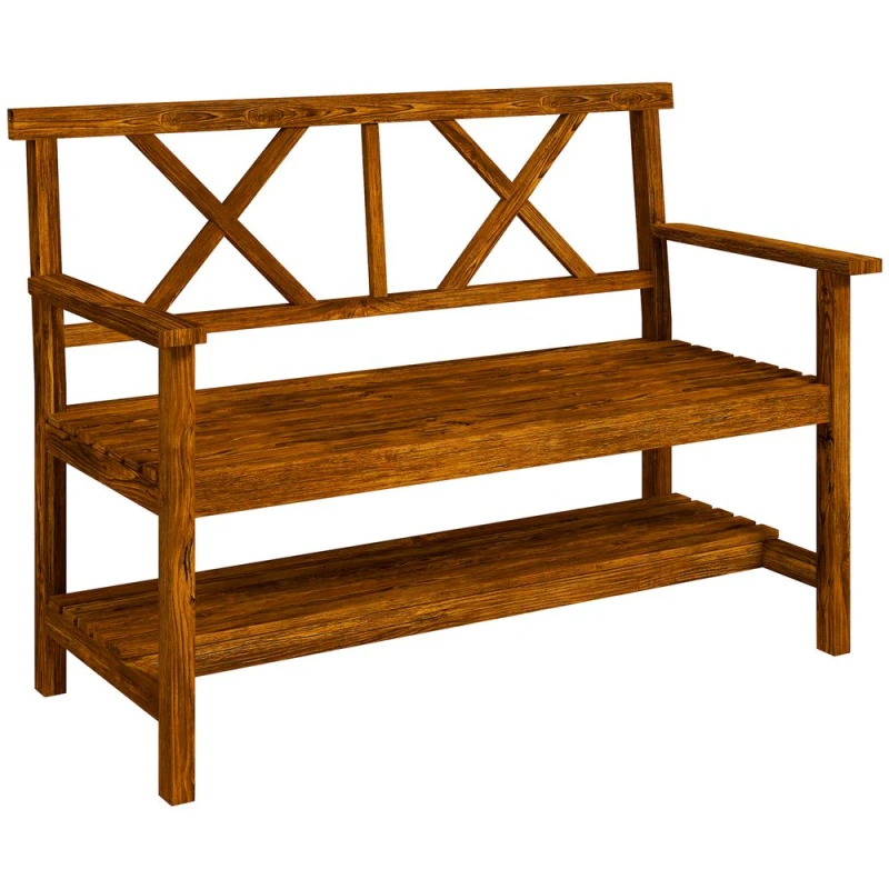 Image of Outsunny 2-Seater Garden Bench Wooden Outdoor Bench with Storage Shelf Carbonized 84G-429V00TN