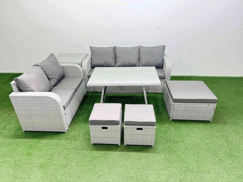 Image of Fimous Rectangular Dining Table Sofa Set with 3 Stool Side Table Light Grey Light Grey Unisex