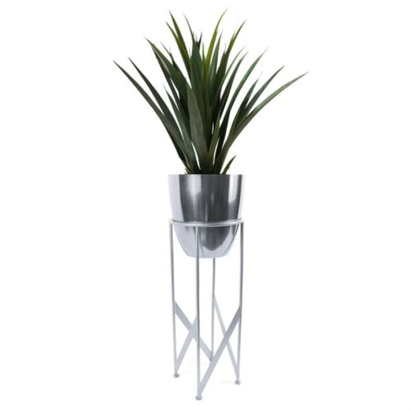Image of Leaf Artificial Yukka Plant Metal Planter Stand Silver 90cm Tall Realistic Premium Botanik Silver